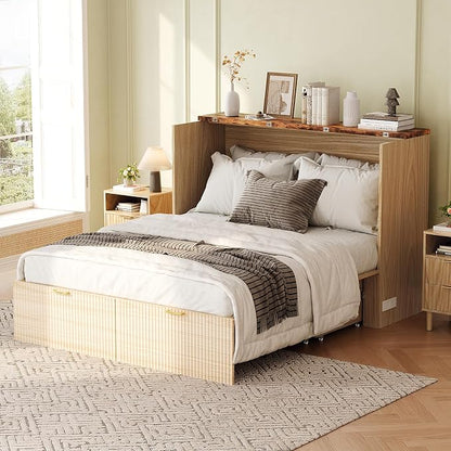 VINGLI Queen Murphy Bed with Storage Drawer,2 Charging Station,Fluted Wooden Foldable Bed Cabinet,Boho,Hideaway Paltform Panel Bed for Small Spaces,Guest Room,Office,Apartment,Beige
