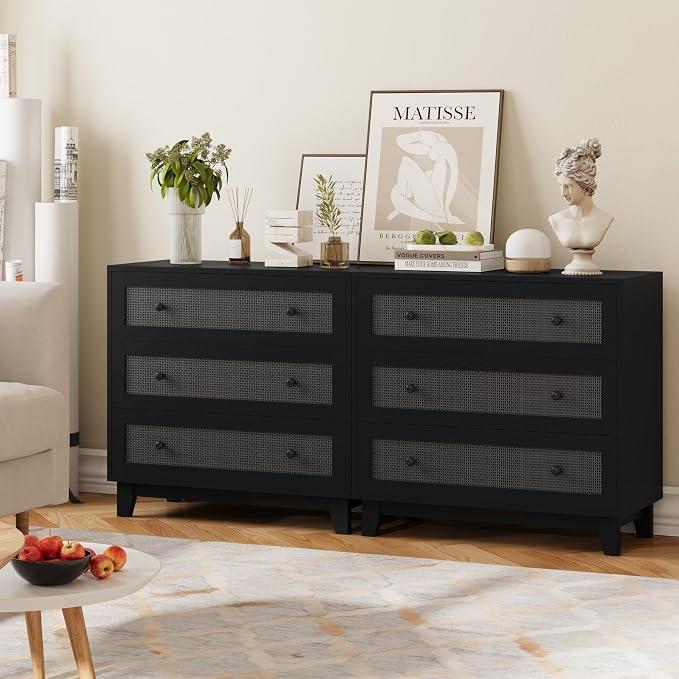 Rattan 3 Drawer Dresser for Bedroom, Small Boho Black Dresser with Wood Handles, Wood Nightstand, 29.52" Wide Modern Dresser, Chests of Drawers for Living Room, Entryway, Hallway