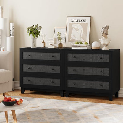 Rattan 3 Drawer Dresser for Bedroom, Small Boho Black Dresser with Wood Handles, Wood Nightstand, 29.52" Wide Modern Dresser, Chests of Drawers for Living Room, Entryway, Hallway