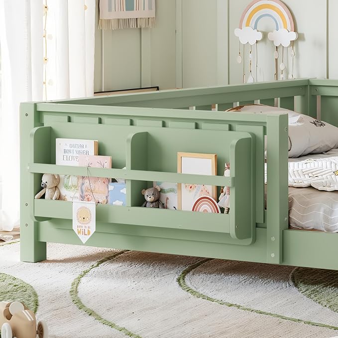 Bellemave Queen Size Floor Bed with Slats and Safety Guardrail, Queen Size Montessori Floor Bed with Fence and Built-in Bookshelf, Easy Assemble Montessori Beds for Girls, Boys, Avocado Green