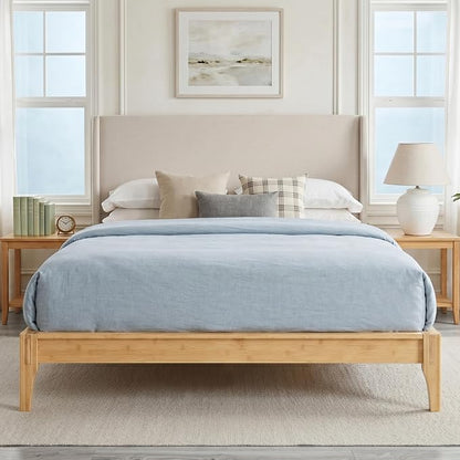 Merax Bamboo Wood 12 Inch Platform Bed with 48" Upholstered High Headboard | Queen Size Bed Frame with Wood Slat Support, No Box Spring Needed, Easy Tool-Free Assembly, Beige+ Natural