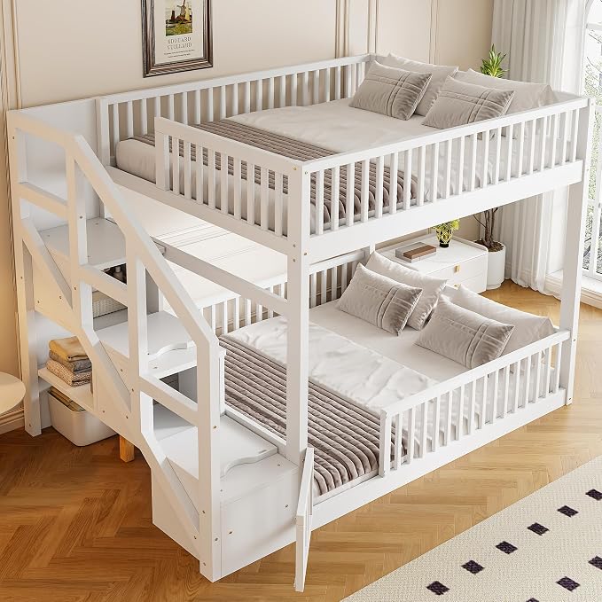 Full Over Full Floor Bunk Bed with Storage Ladder and Guardrails,for Kids Teens Adults (White#FF, Full Over Full)
