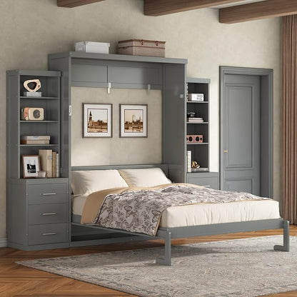 Murphy Bed Full Size,Murphy Bed with Storage Shelves and Drawers,Wall Bedframe w/Wood Slatk,can be Folded,No Box Spring Needed,for Bedroom Apartment,Gray