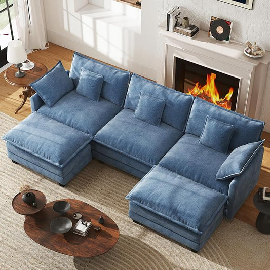 WorthFurni 111.4” Modular Sectional Sofa, U Shape Cloud Couch with 2 Movable Ottoman, Comfy Chenille Deep Seat Sofa with Soft Pillows for Living Room Apartment (Blue)