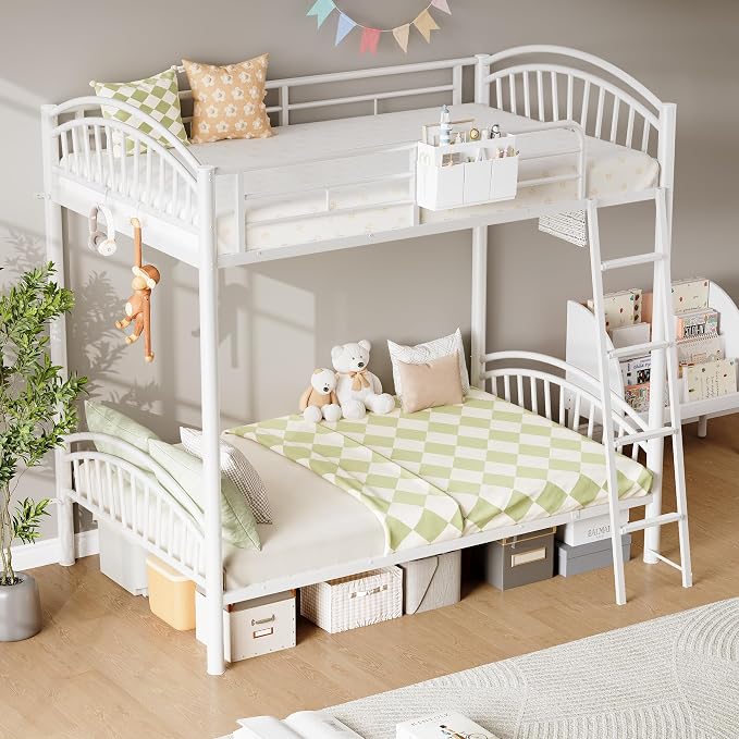 Decofy Metal Bunk Bed Twin Over Twin with Storage Bag, 2 Twin Size Beds with Safety Guard Rails and Anti-tip Nails for Teenager,Girls or Boys （White） | Convertible Ladder