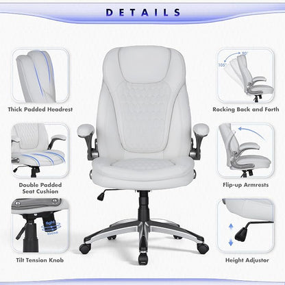COLAMY Executive Office Chair-Ergonomic Computer Desk Chair, High Back Leather Chair with Padded Flip-up Arms, Swivel Home Office Chair Upgraded Caster, White