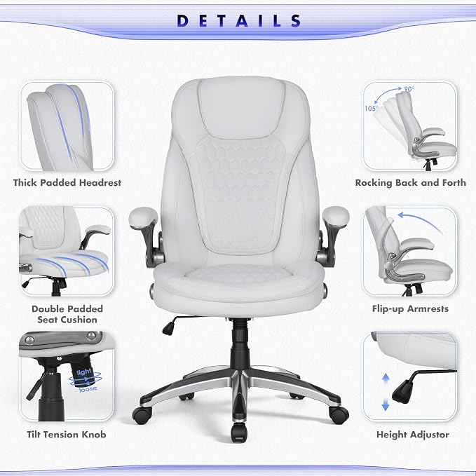 COLAMY High Back Executive Office Chairs Set of 2, Ergonomic PU Leather Desk Chairs with Flip-Up Armrests, Adjustable Height, Lumbar Support, Comfortable Computer Chairs for Home Office, White