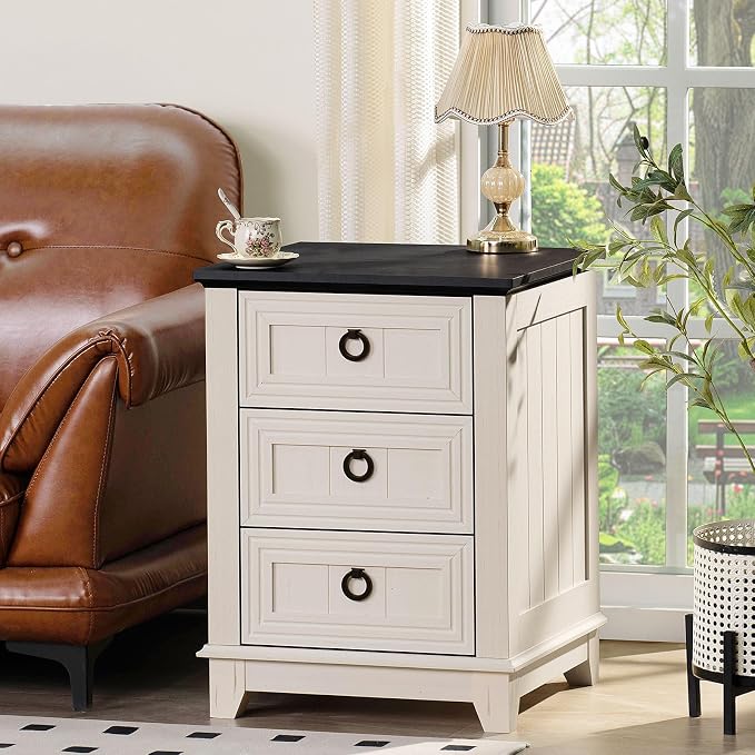 Joaxswe 18" Farmhouse Night Stand with 3 Drawers, Wood End Table Dresser for Bedroom, White Nightstand, Bed Side Table with Metal Handle, Bedside Cabinet for Bedroom Living Room, Closet