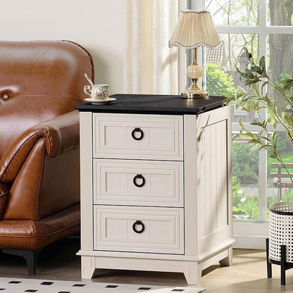 Joaxswe 18" Farmhouse Night Stand with 3 Drawers, Wood End Table Dresser for Bedroom, White Nightstand, Bed Side Table with Metal Handle, Bedside Cabinet for Bedroom Living Room, Closet