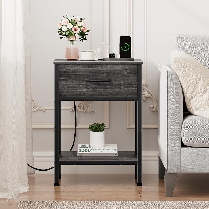 Vagusicc Nightstand with Charging Station, End Table with Fabric Drawer, Small Side Table with 2-Tier Storage Shelves, 25.4" Tall Night Stand, Bedside Table for Bedroom, Living Room, Dorm, Black Oak