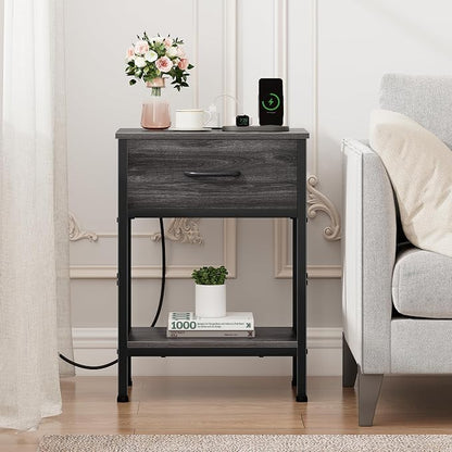 Vagusicc Nightstand with Charging Station, End Table with Fabric Drawer, Small Side Table with 2-Tier Storage Shelves, 25.4" Tall Night Stand, Bedside Table for Bedroom, Living Room, Dorm, Black Oak