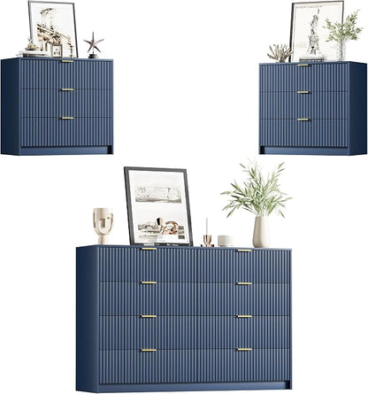 Furniway Navy Blue Dresser Bedroom Set 3 Pieces, Nightstands Sets of 2, 8 Drawer Dresser with Gold Handles for Bedroom