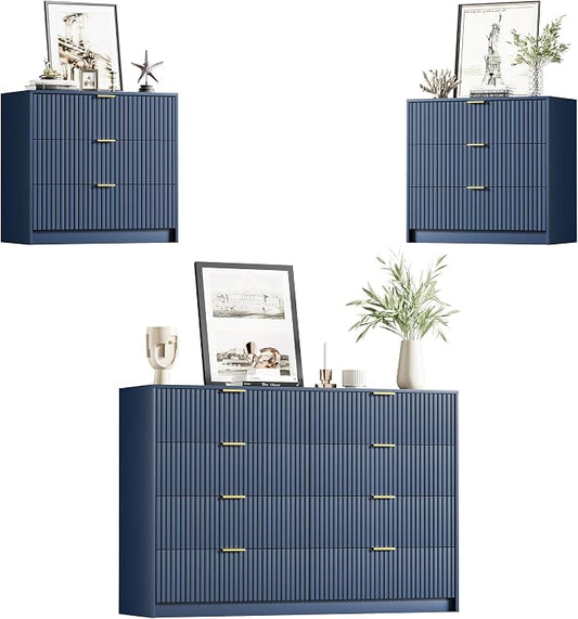 Furniway Navy Blue Dresser Bedroom Set 3 Pieces, Nightstands Sets of 2, 8 Drawer Dresser with Gold Handles for Bedroom