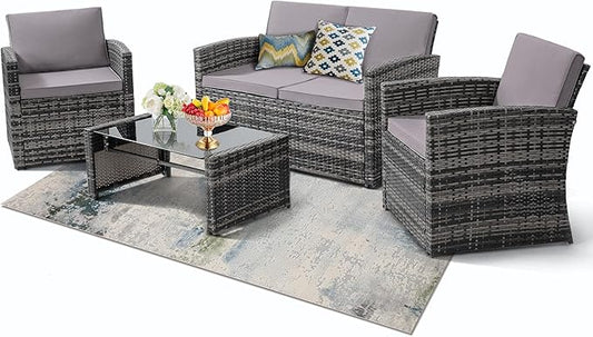 KROFEM 4-Piece Patio Furniture Set, Wicker Outdoor Rattan Sectional Sofa with Cushions and Glass Table, All-Weather Outdoor Conversation Set for Garden, Porch, Backyard, Patio, Light Grey