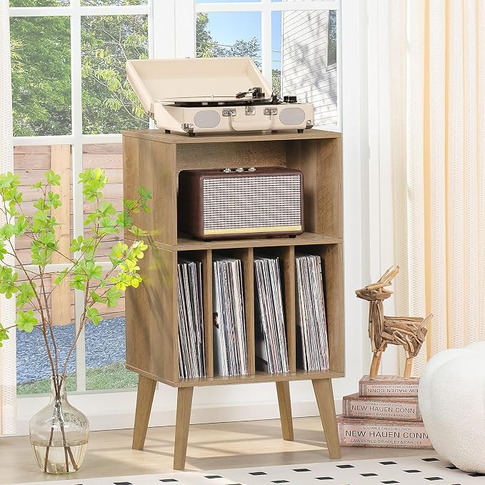 Lerliuo Record Player Stand, Oak Turntable Stand Holds up to 160 Albums, Mid-Century Vinyl Storage Cabinet Table with Solid Wood Legs, Record Player Holder Dispaly Shelf for Bedroom Living Room