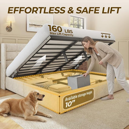 HISOFT King Size Lift Up Storage Bed Frame, Linen Upholstered Platform Bed with Wingback Headboard, Heavy Duty Hydraulic Gas Lift Underbed Space, Reinforced Full Metal Slats, Noise Free, Beige
