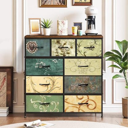 9-Drawer Dresser for Bedroom, Anti-Tip Tall Storage Organizer Chest of Drawers with Wooden Top and Metal Frame Fabric Bins for Closet, Living Room, Hallway, Entryway, Floral Painted
