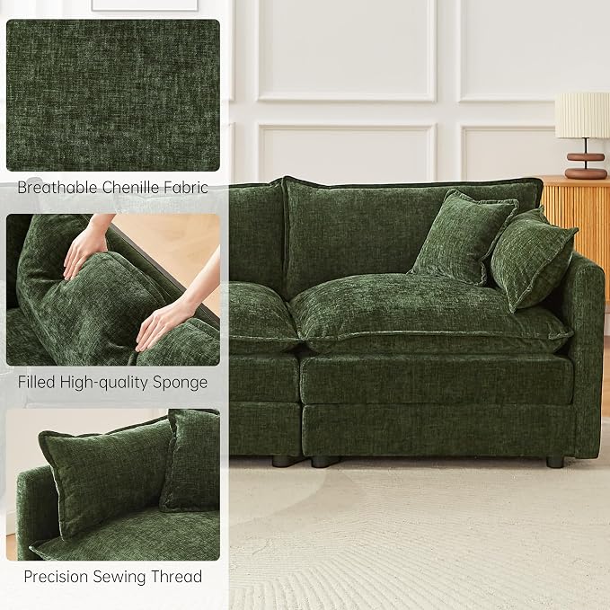 Modular Sectional Sofa, 112.2 Inch Rectangle Shaped Couch Set with Armrests, 3-Seater Comfy Cloud Couches for Living Room Apartment, Green