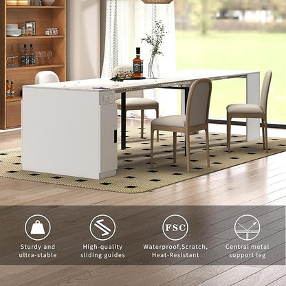 Extendable Dining Table with Storage, Transformer Extra Console Table for 1-12 People, Folding Space Saving Dining Room Table with Built-in Outlet for Homes, Apartments, Marble White