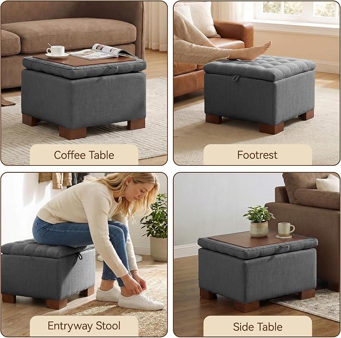 24 Inch Square Storage Ottoman Coffee Table, Modern Tufted Upholstered Ottoman with Flip Tray and Solid Wood Legs, Suitable for Living Rooms, Linen Grey