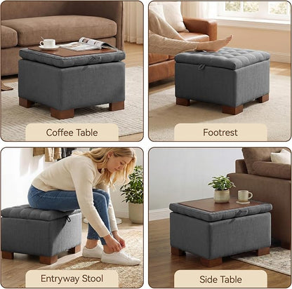 24 Inch Square Storage Ottoman Coffee Table, Modern Tufted Upholstered Ottoman with Flip Tray and Solid Wood Legs, Suitable for Living Rooms, Linen Grey