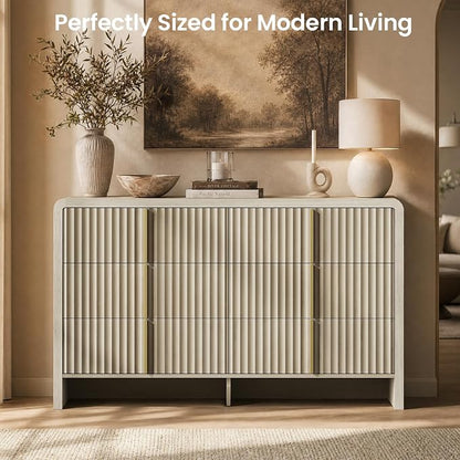 ModernMate Fluted 6 Drawer Dresser for Bedroom, 53.2" Wide Chest of Drawers, Modern Storage Cabinet with Anti-Tip Design, Wood Clothes Organizer with Metal Handles, White Alder