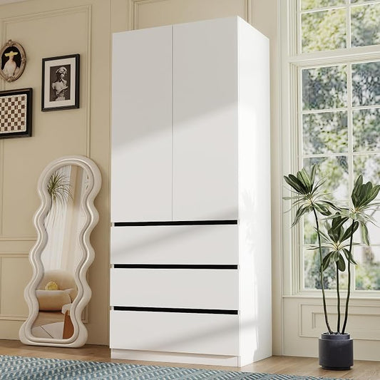 White Armoire Wardrobe Closet: 75" Large Wardrobe Closet with 2 Doors, Modern Bedroom Armoires with 3 Drawers, Tall Wood Closets for Bedroom