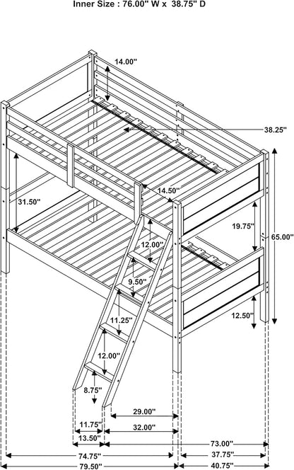 Coaster Home Furnishings Ryder Farmhouse Wood Twin Over Twin Size Bunk Bed Frame with Ladder and Guardrails Fully Slatted Mattress Ready Foundation Weathered Taupe 400818 | Wood Construction