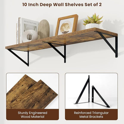 Axeman Deep Floating Shelves | 40 Inch Brown Wall Shelves Set of 2 | 10 Inch Deep Rustic Wood Shelves for Wall | 40'' W x 10''D Brown Shelves for Living Room Bathroom Kitchen