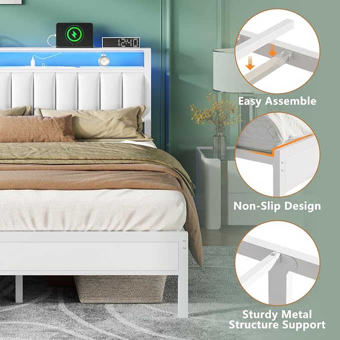 Furnulem White Queen Bed Frame with Charging Station & Led Lights, PU Leather Upholstered Headboard with 2-Tier Storage Shelves, No Box Spring Needed, Metal Slat Support, Easy Assembly