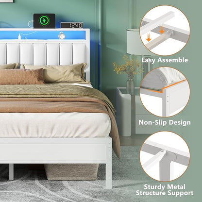 Furnulem White Queen Bed Frame with Charging Station & Led Lights, PU Leather Upholstered Headboard with 2-Tier Storage Shelves, No Box Spring Needed, Metal Slat Support, Easy Assembly