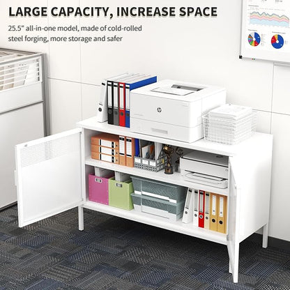 White Metal Storage Cabinet with 2 Doors - 25''H TV Stand, 2 Tier Locker with Adjustable Shelves, Multipurpose TV Cabinet for Office, Home, Living Room, Kitchen