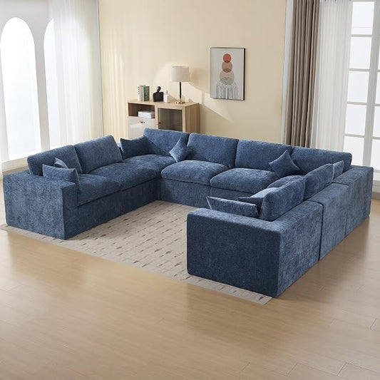 146''Cloud Boneless Sectional Couch, Modular Sectional Sofa Deep Seat, Oversized Upholstered Convertible Comfy 8 Seater Chenille Memory Foam Sofa U Shape Couches for Living Room, Blue