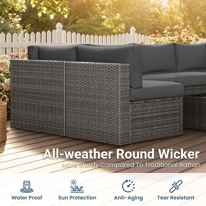 Wisteria Lane 7 Pieces Outdoor Patio Furniture Set, Wicker Outdoor Patio Sectional Sofas with Coffee Table, All-Weather Patio Conversation Set for Garden Backyard, Grey