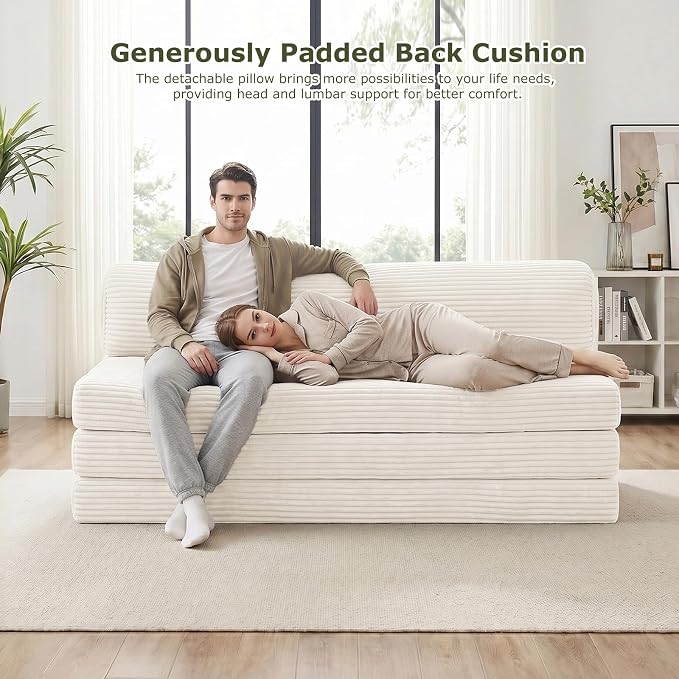 Convertible Sofa Bed, Boneless Loveseat with Removable Cushions & Washable Cover, Futon Sofa Bed with Handle, Pull Out Couch for Living Room, King Size, Beige