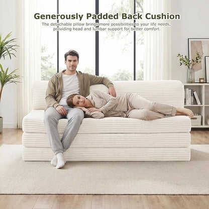 Convertible Sofa Bed, Boneless Loveseat with Removable Cushions & Washable Corduroy Cover, Futon Sofa Bed with Handle, Pull Out Couch for Small Spaces, Full Size, Beige