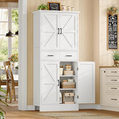 TEENFON Farmhouse Pantry Cabinet, 66.9″H Tall Kitchen Storage Cabinet with Barn Doors, Adjustable Shelves & Drawer, Freestanding Cupboard for Kitchen, Dining Room, Living Room, Bathroom, White