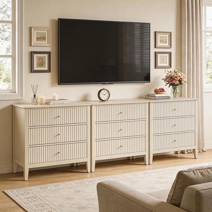 RoyalCraft Beige Fluted 3 Drawer Dresser, 32 inch Wide Dresser Nightstand for Bedroom, Modern Wood Chest of Drawers, Large Painted Nightstand with 3 Drawers for Closet, Hallway, Entryway