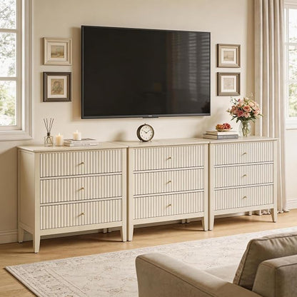 RoyalCraft Beige Fluted 3 Drawer Dresser, 32 inch Wide Dresser Nightstand for Bedroom, Modern Wood Chest of Drawers, Large Painted Nightstand with 3 Drawers for Closet, Hallway, Entryway