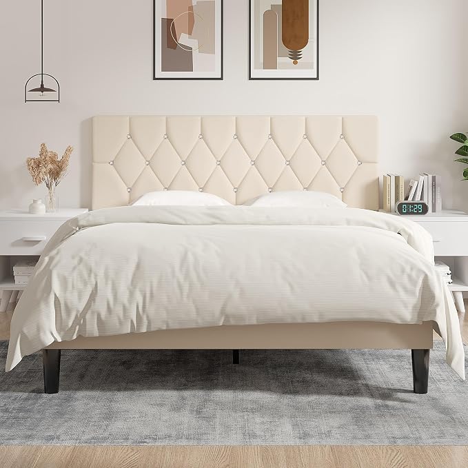 VECELO Tufted Upholstered Headboard Queen Size, with 6 Adjustable Height from 39.8" to 49.8", Button Diamond Design, Easy Assembly, Beige