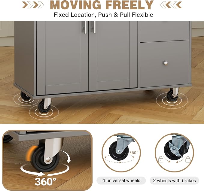 Shintenchi Kitchen Island with Folding Drop Leaf, Rolling Island Table with Storage, Kitchen Cabinet on Wheels with Seating Area for Kitchen, Bar Cart with Cabinet, Gray