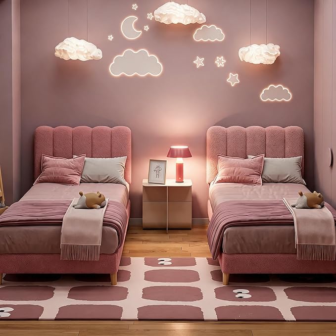 GarveeHome Twin Bed Frame, Upholstered Platform Bed with Wave Headboard for Girls/Kids, Easy Assembly, Wooden Slats Support, No Box Spring Needed, Boucle Pink