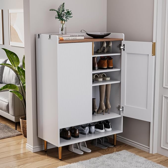 Modern Shoe Storage Cabinet, 7-Tiers White Shoes Cabinet with Fluted Doors, 45 inch Tall Wooden Shoe Organizer with 4 Adjustable Shelves, Storage Cabinet for Entryway, Hallway, Front Door