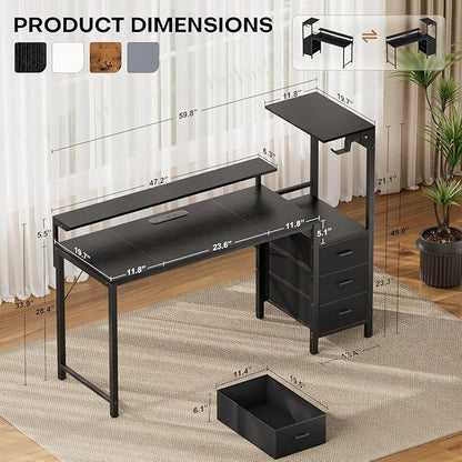 HLDIRECT 60 inch Gaming Desk with 3 Fabric Drawers & Side Hooks-Reversible Home Office Computer Desk with Power Outlets & Led Lights, Gamer Desk Table with Monitor Stand, Black