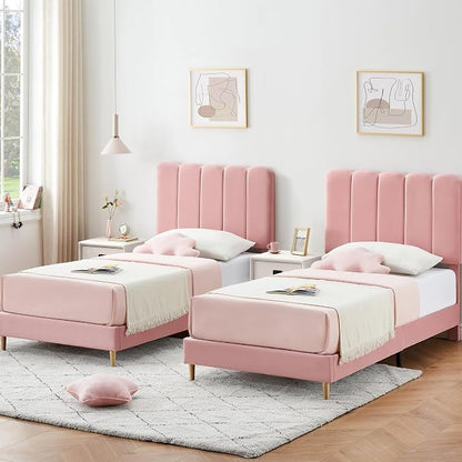 GarveeHome Twin Bed Frame, Upholstered Platform Bed with Wave Headboard for Girls/Kids, Easy Assembly, Wooden Slats Support, No Box Spring Needed, Velvet Pink
