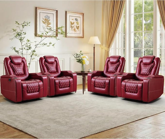 ANJ Power Recliner Chair Set of 4, Electric Soft Faux Leather Reclining Home Theater Seating - USB Ports, Cup Holders, Hidden Arm Storage Movie & Media Room Chairs (Red)