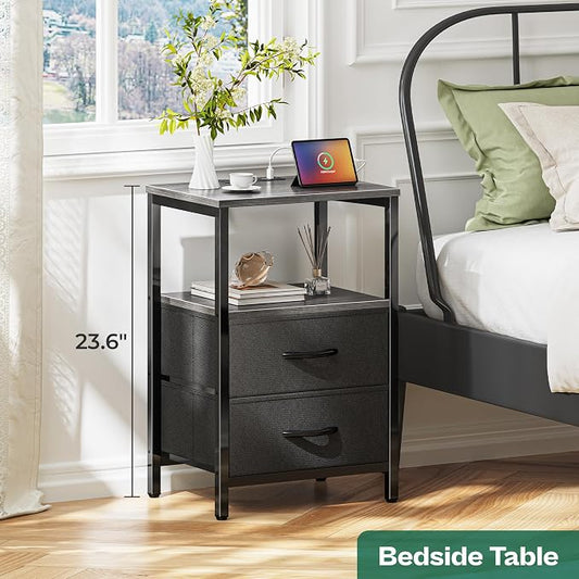 Huuger Nightstand with Charging Station, Side Table with Fabric Drawers, End Table with Open Shelf, Bedside Table with USB Ports and Outlets, Night Stand for Bedroom, Charcoal Gray