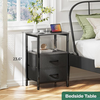 Huuger Nightstands Set of 2, End Tables with Charging Station, Side Tables with Fabric Drawers, Bedside Tables with USB Ports and Outlets, Night Stands for Bedroom, Charcoal Gray