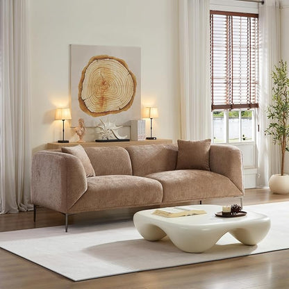 82.68" Modern Upholstered Sofa with Straight Design, Full and Soft Seating, Includes 2 Throw Pillows, 3 Seats,Fabric Couch with Metal Legs for Living Room, Office, Apartment (Camel)