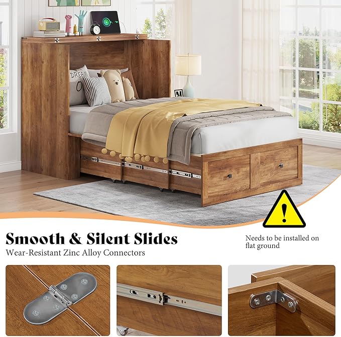 AMERLIFE Twin Murphy Bed Cabinet with Charging Station and Storage Drawer, Farmhouse Foldable Platform Bed for Home Office, Apartment, Small Spaces, Barnwood